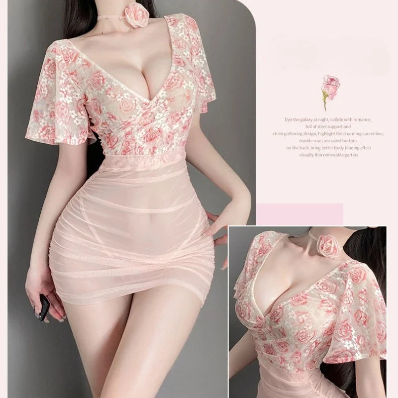 Perspective Soft Deep V Floral Tight Short Sleeve High Waist Hip Wrap Skirt Couples Flirting Erotic Outfit