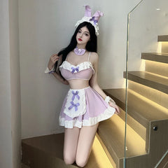 Rabbit Role Play Lace Bow Top Miniskirt Kawaii Bunny Ear Cosplay Costumes Charm Adult Flirt Outfit Charm Purple