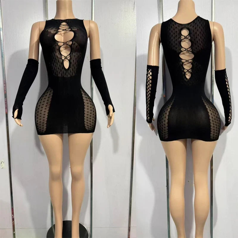Bandage Mini Hollow Out Slim Babydoll Square Collar Gloves Backless Nightclub