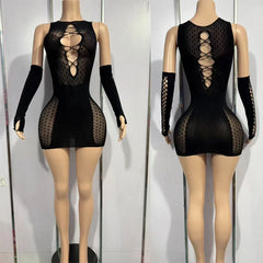 Bandage Mini Hollow Out Slim Babydoll Square Collar Gloves Backless Nightclub