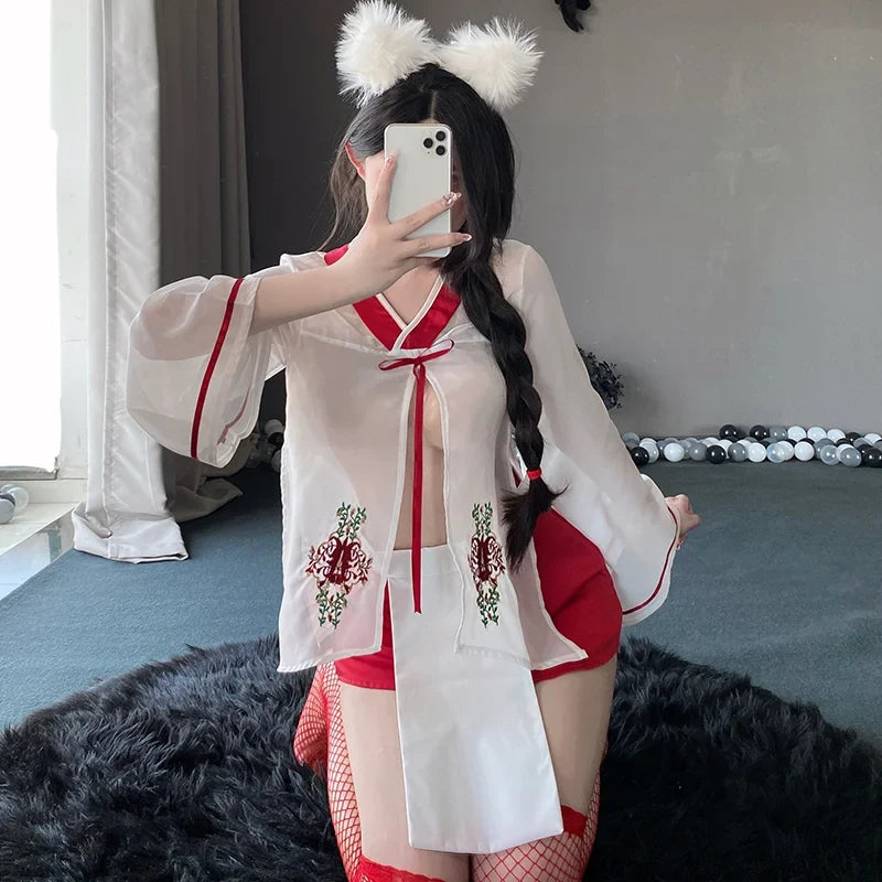 Chiffon Embroidery Kimono Hot Temptation Erotic Underwear Suit Cosplay Top Skirt Panties