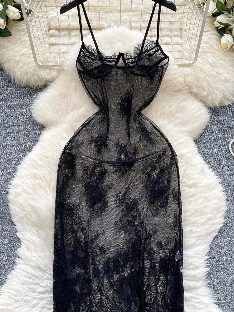 Halter Butterfly Lace Satin Nightgown Irregular Hem Homewear