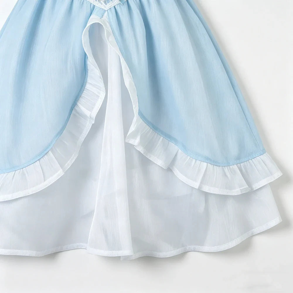 Light Blue Chiffon Princess Nightgown Sets Bow Decor Tiered Skirt Detachable Arm Cuffs Sweet Suspender Homewears