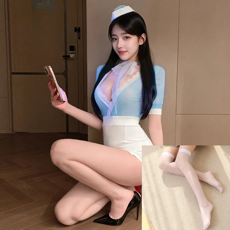 Lace Deep V Bag Hip Skirt Role Playing Flight Attendant Temptation Porno Lingerie Stewardess Cosplay Costumes