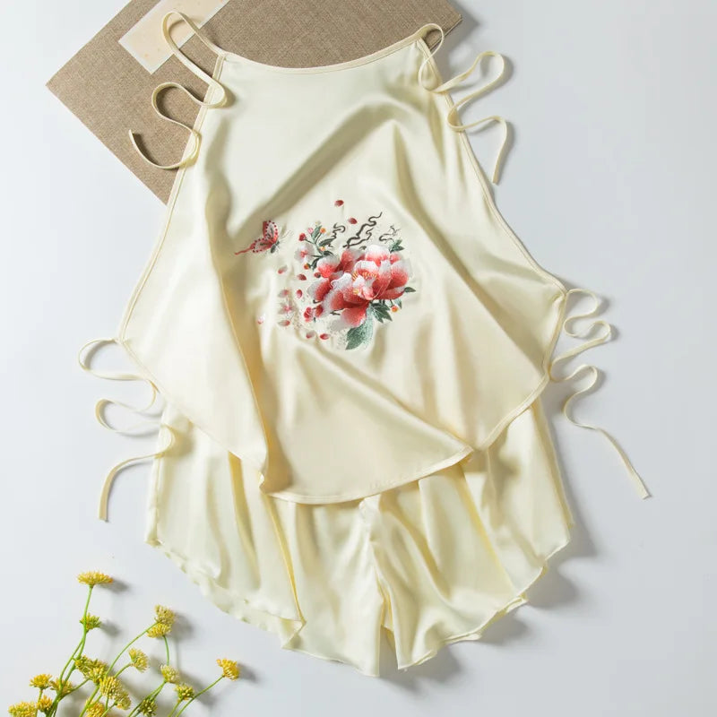 Retro Embroidered Pajamas Suspender Top Hanfu Bellyband Female Adult Nightwear Exotic Costume Home Sleepwear