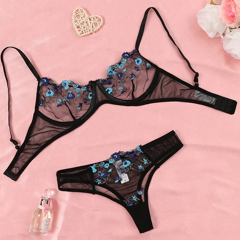 Embroidery Floral Ultra-thin Exquisite Transparent Underwear Bra Set