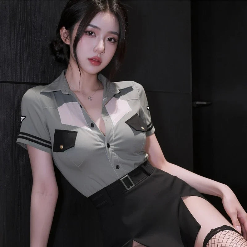Lingerie Exotic Sets Instructor Cosplay Costume V-neck Blouse Top Short Skirt PoliceOfficer Roleplay