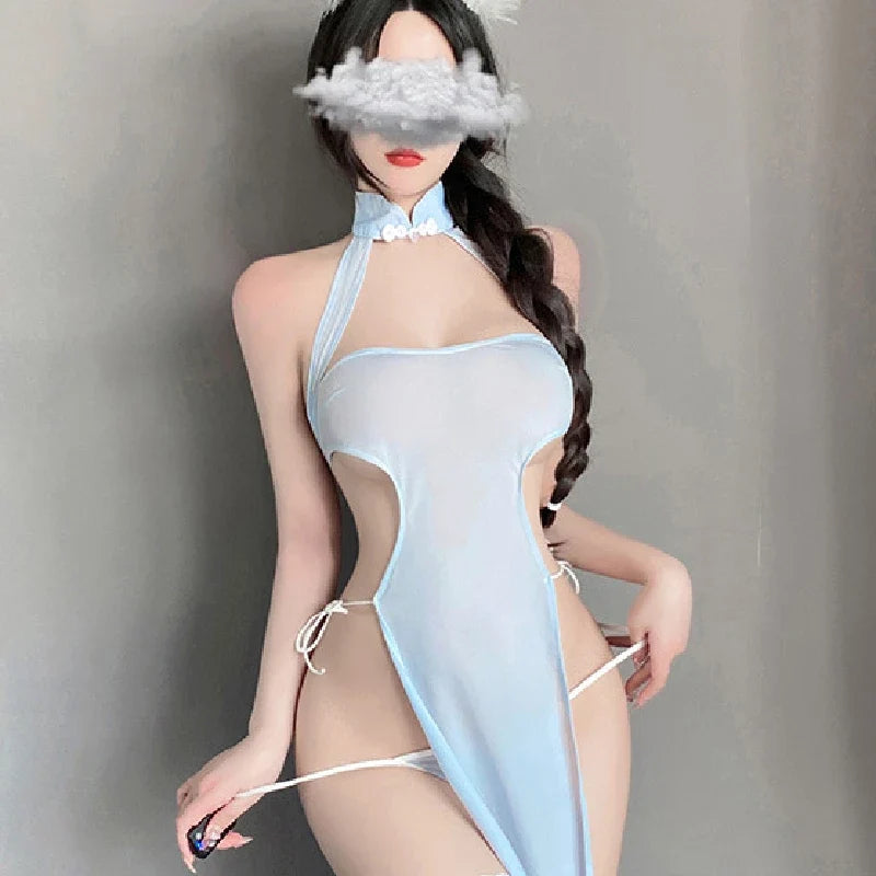 High Slit Cheongsam Ice Silk Traditional Improve Hollow Out Pajamas Exotic Charm