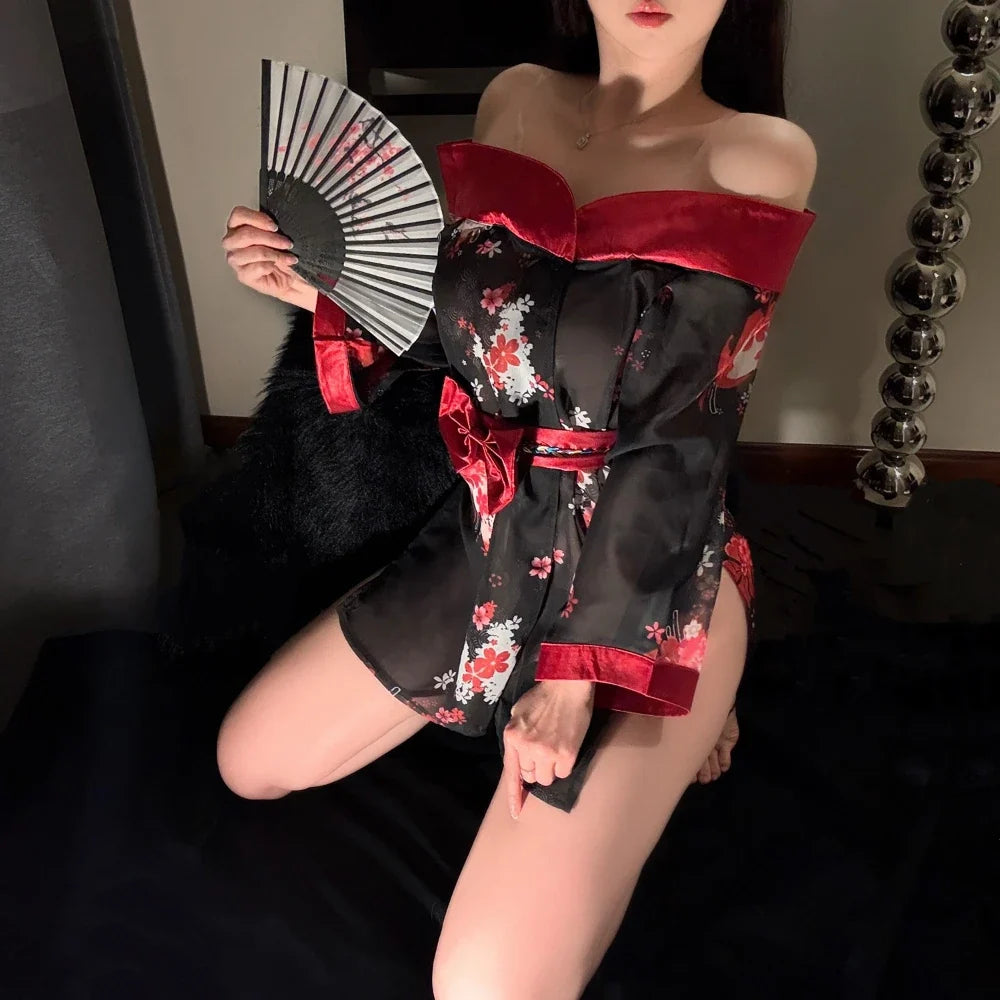 Style See-through Printed Kimono Cosplay Lingerie Set