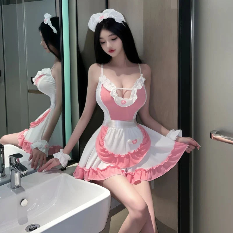French Hot Maid Cosplay Sweet Chiffon Hollow Out Seductive Flirt Elegant Suspenders Skirt Transparent Costumes