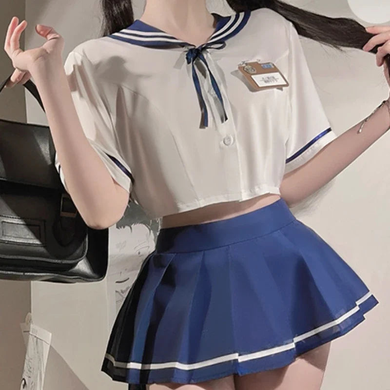Sweet Student Roleplay Costumes Navy Lapel Top Pleated Skirt Set