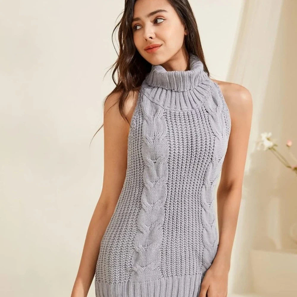 Sleeveless Turtleneck Cable Knit Backless Mini Virgin Killer Sweater Lingeries