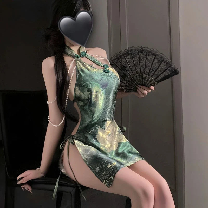 Traditional Style Cheongsam Skirt Lingerie Pearl Hanging Neck Strap Split Porno Exotic Costumes