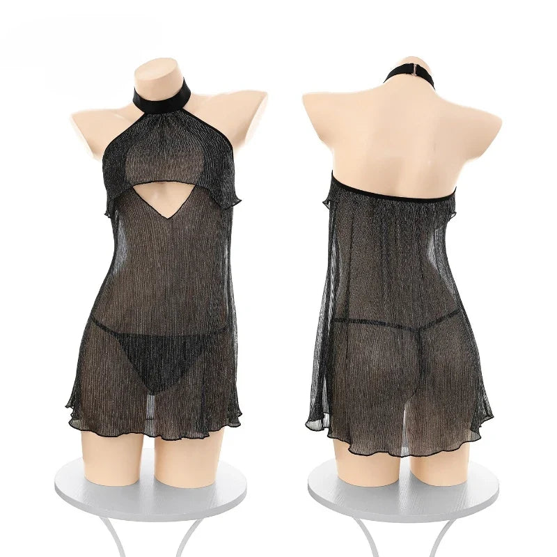 Erotic Hollow Perspective Pajamas Playful Shiny Nightclub Queen Temptation Halter Skirt  Backless