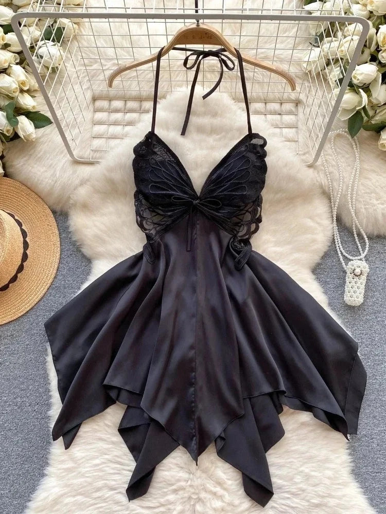 Halter Butterfly Lace Satin Nightgown Irregular Hem Homewear