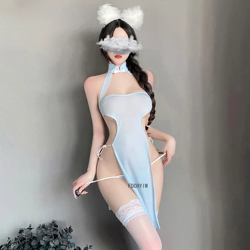 High Slit Cheongsam Ice Silk Traditional Improve Hollow Out Pajamas Exotic Charm