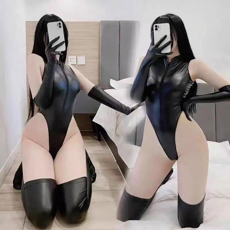 PU Leather Nightclub Costumes Erotic Racing Uniforms Maid Cosplay Lingerie Bodysuit Socks Gloves
