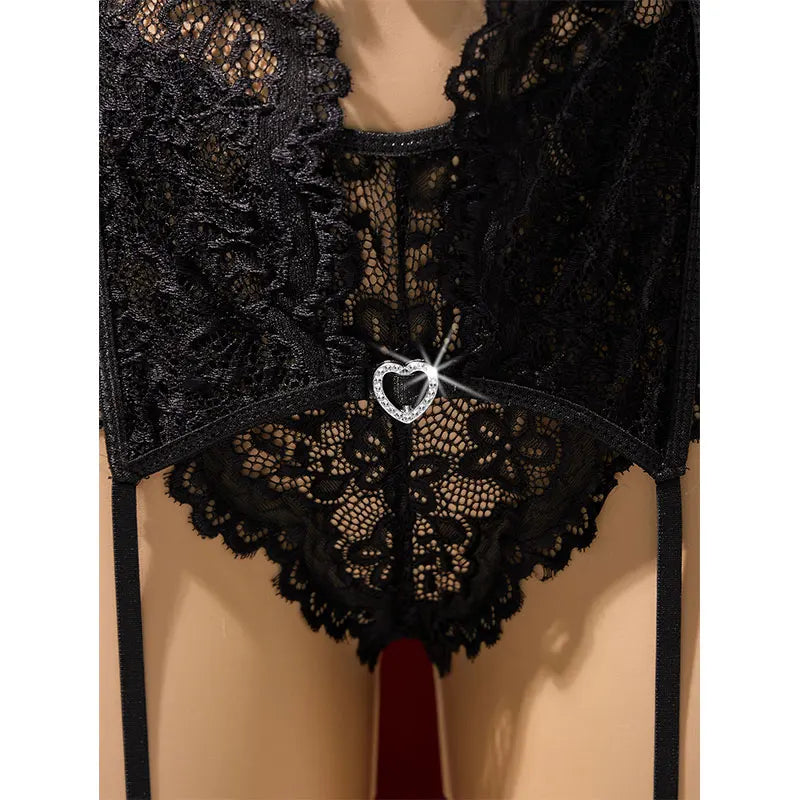 Garter Lingerie Spaghetti Strap Wire-free Bra Crotchless Bodysuit Sheer Lace Babydoll Underwear 2 Piece Sets