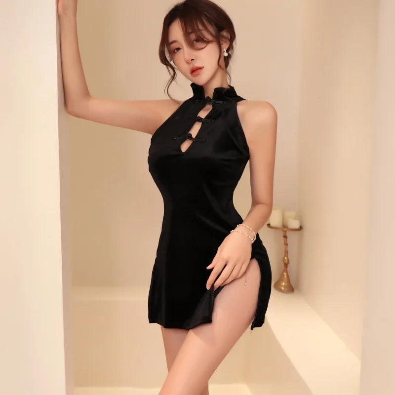 Retro Cheongsam Wrap Hip High Slit Tradition Hot Lingerie Erotic Cosplay Costumes 3colors