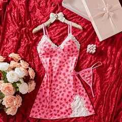 Suspender Sleeping Printed Patchwork Lace Slit NightSet Babydoll Erotic Underwear