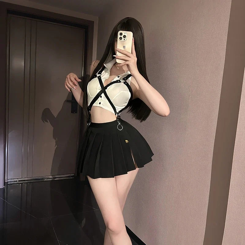 Lingerie Secretary Office Sailor Role-playing Temptation Short Sleeved Top Pleated Skirt Sets Straps