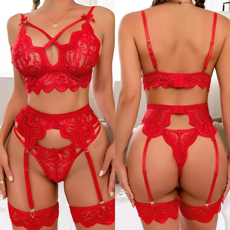 Super Hot 3 Piece Lingerie Set Floral Bra