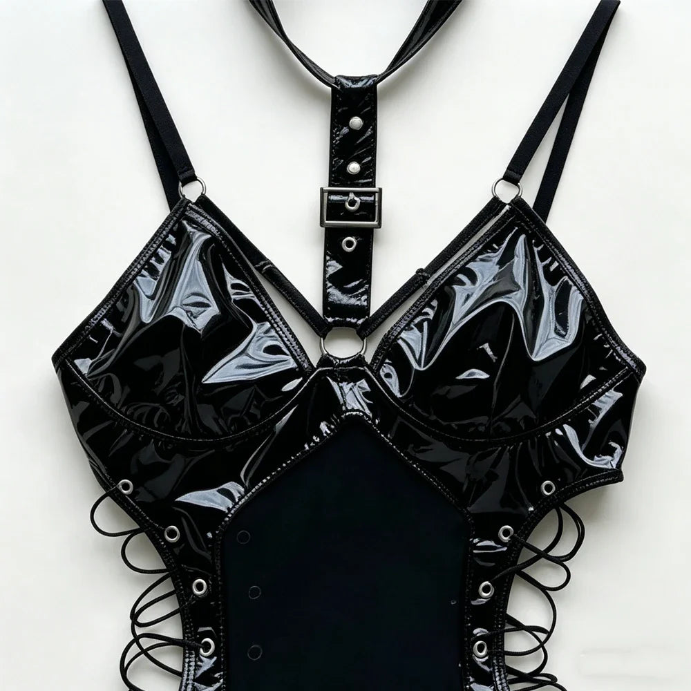 Black Patent Leather Bodysuits Adjustable Buckle Neckline Lace-up Side Waist Form Fitting