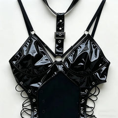 Black Patent Leather Bodysuits Adjustable Buckle Neckline Lace-up Side Waist Form Fitting