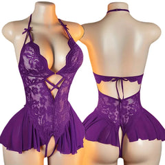 Purple Halter Crotchless Lingerie Front Buckle Bra Hot Drees Lace Up Backless Open Underwear Female Bodysuit