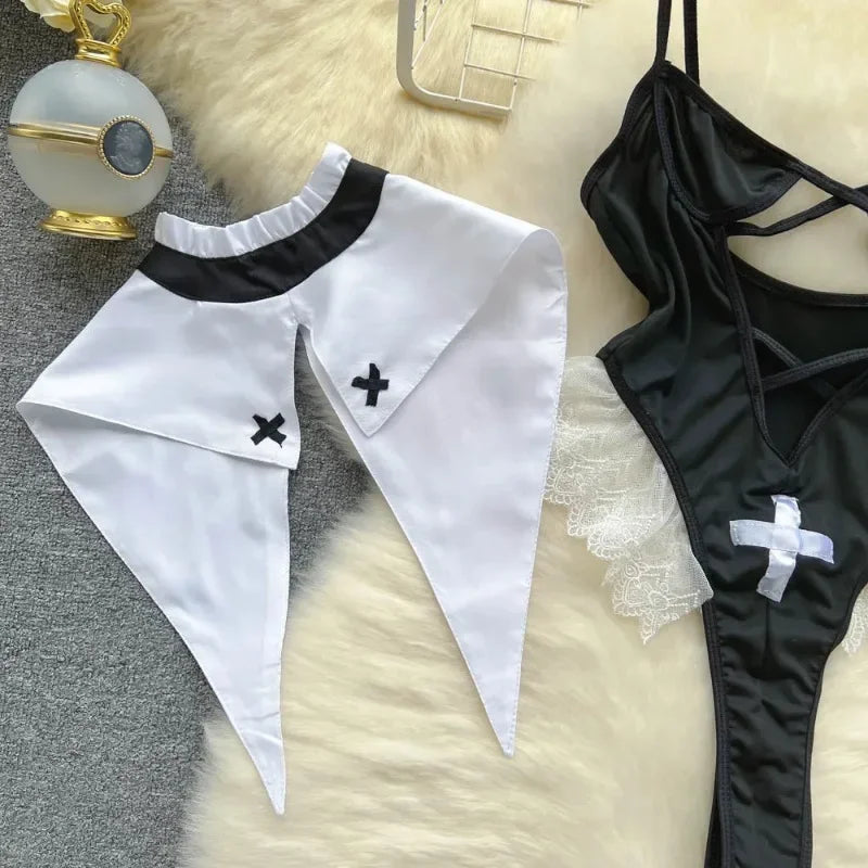 Cosplay Nun Role Play Costumes Erotic Lingerie Bodysuit Open Chest See Through Temptation Passion Set