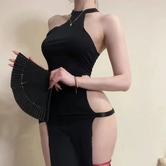 Sleeveless Nightgown Open Side Style Cheongsam Cosplay Black High Slit Cheongsam Chest Uniform