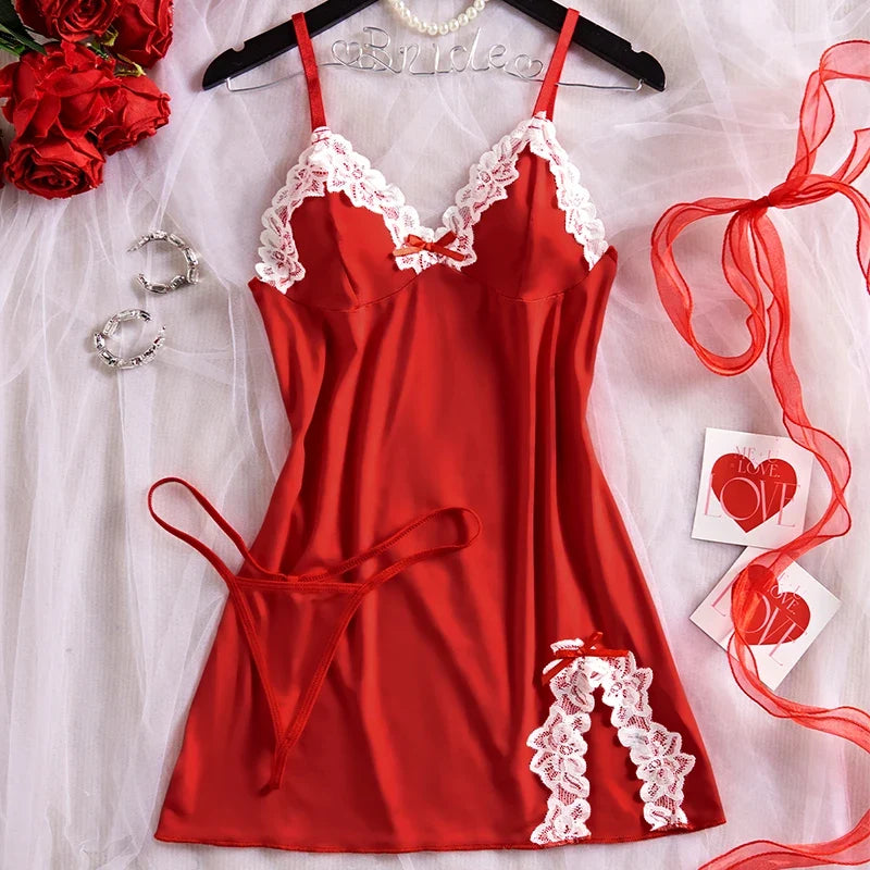 Suspender Sleeping Printed Patchwork Lace Slit NightSet Babydoll Erotic Underwear