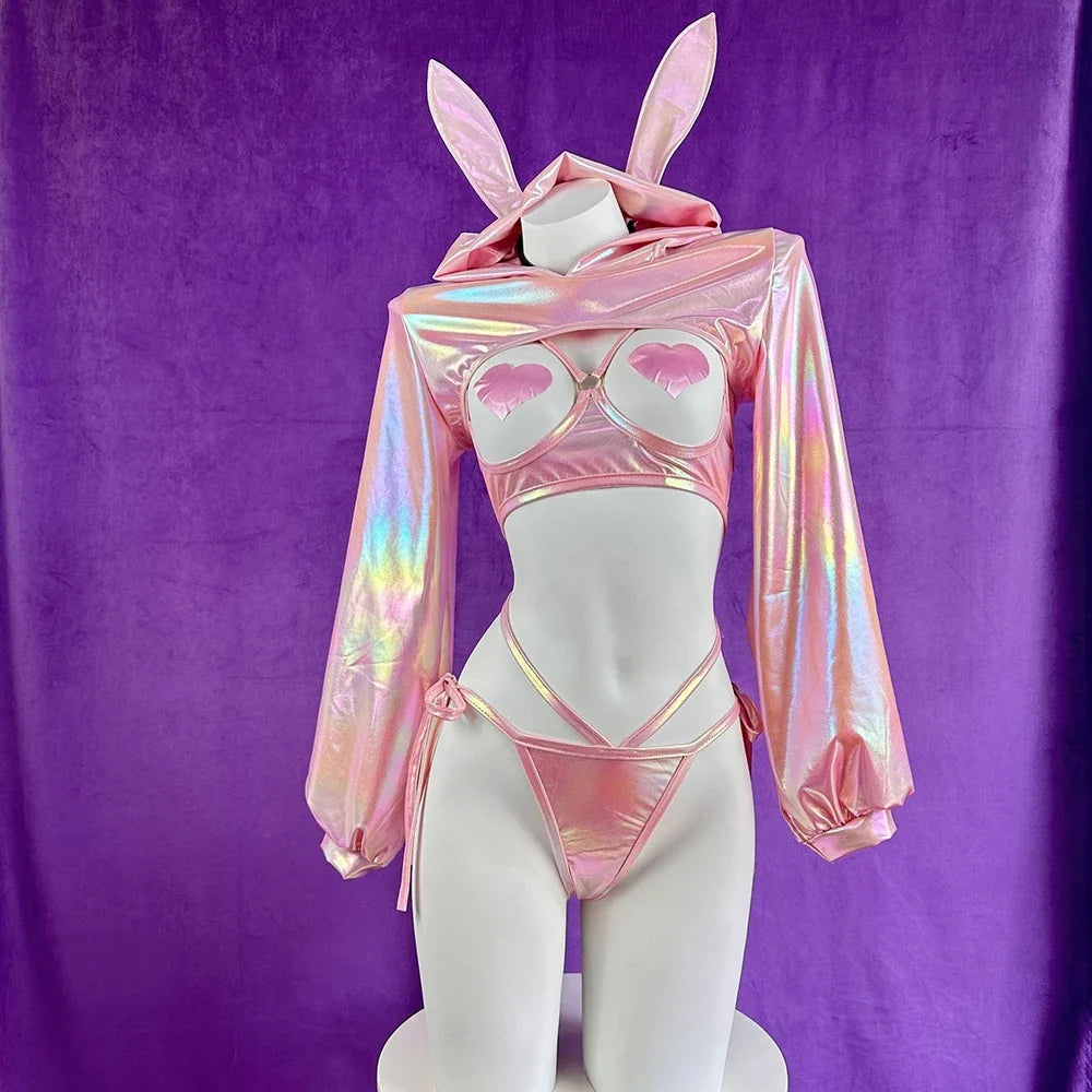 Bunny Cosplay Costume Idol Group Machine Rabbit Outfits Pink Exposed Breast Laser Lingerie Gift
