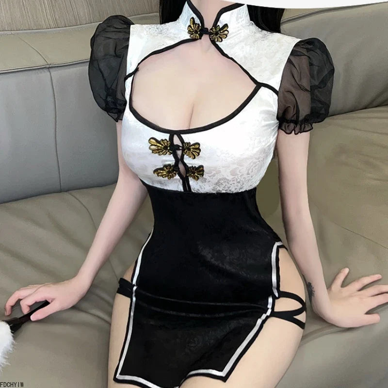 Retro Side Slit Cheongsam Outfits Sleepwear Hollow Lingerie Underwear Antique Traditional