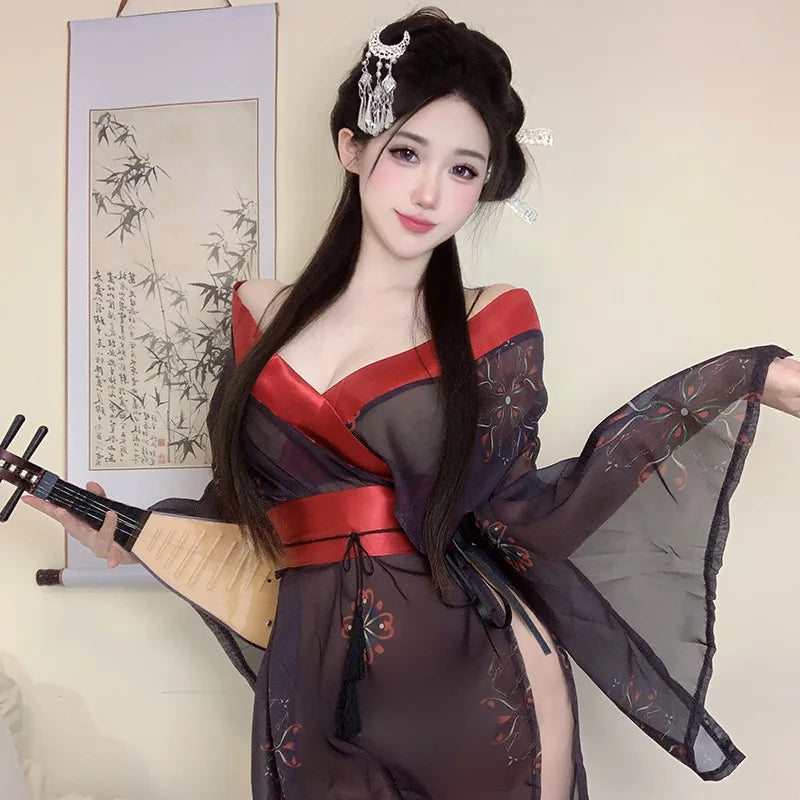 Erotic Lingerie Kimono Cute Printed Pajama Bathrobe Set