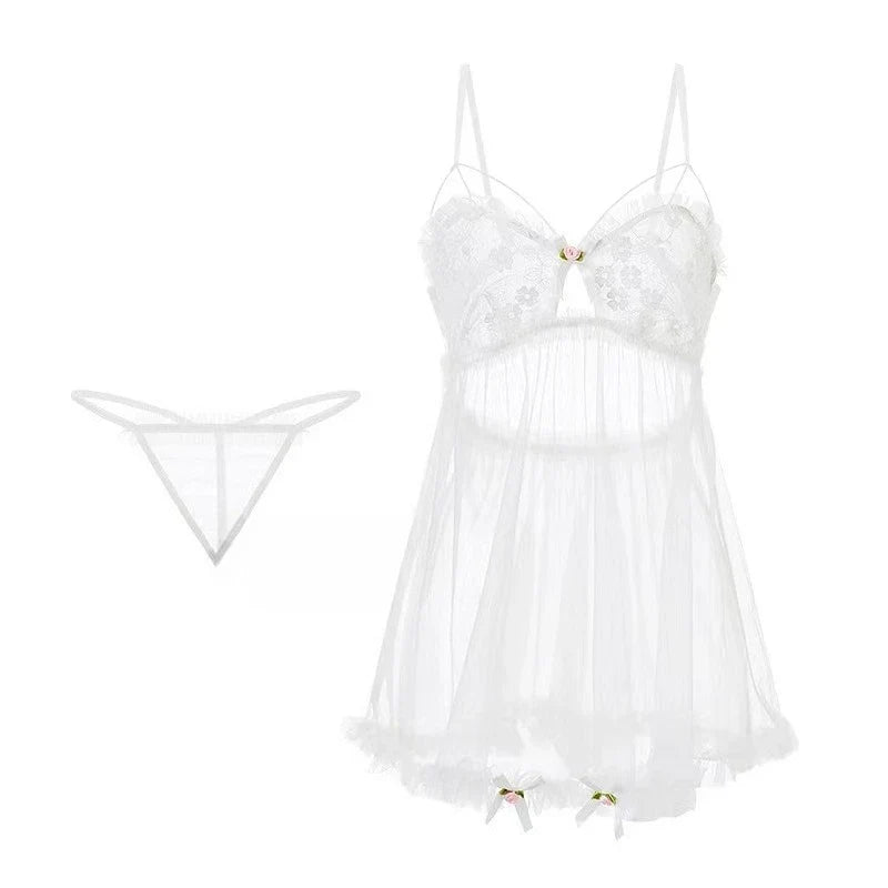 Kawaii Pajamas V-neck Transparent Mesh Lace Lingerie