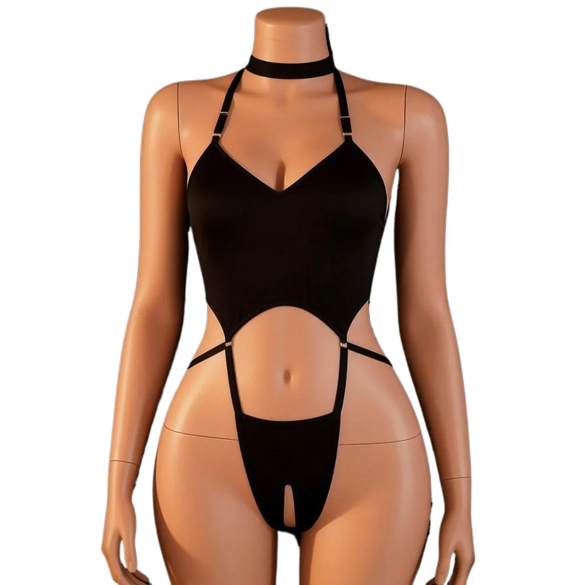 Open Bra Lingerie Costumes Deep V Hollow Bodysuit Hanging Neck Maid Cosplay Crotchless Underwear