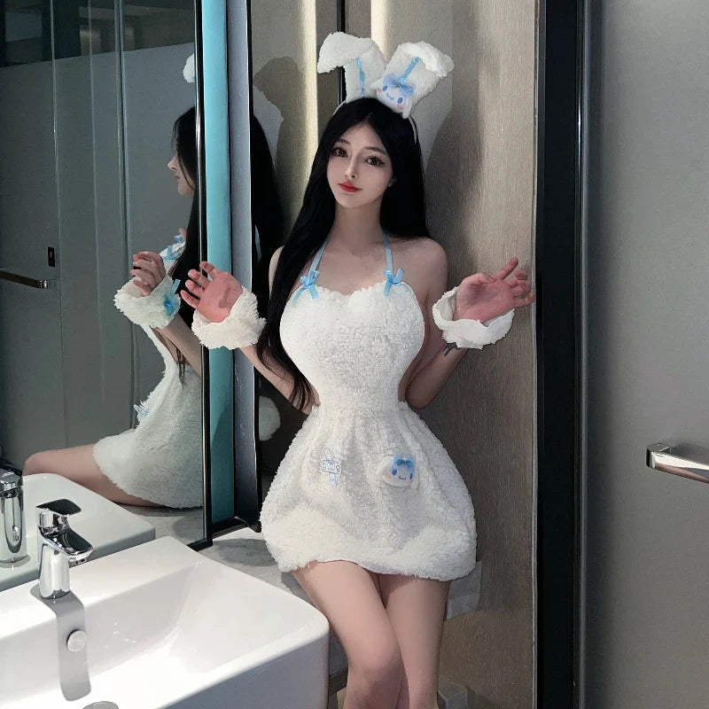 Lingerie Bandage Roleplay Rabbit Christmas Tempting Plush Bunny Ear Cosplay Outfit White Santa Claus Set