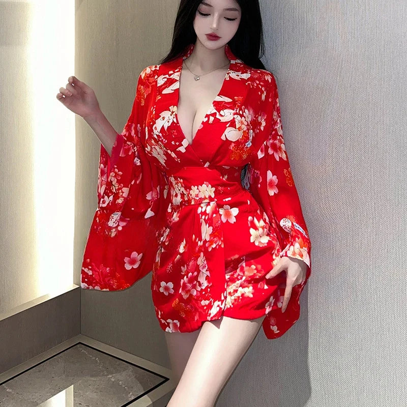 Sakura Kimono Bathrobe Hot Temptation Pajamas Nightclub Erotic Dancer Cosplay Costume Home Sleepwear