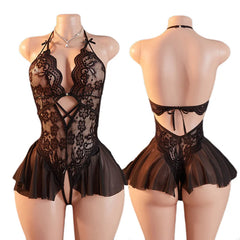 Crotchless Back Strap Lingerie Lace Hollow Bodysuit Pajamas