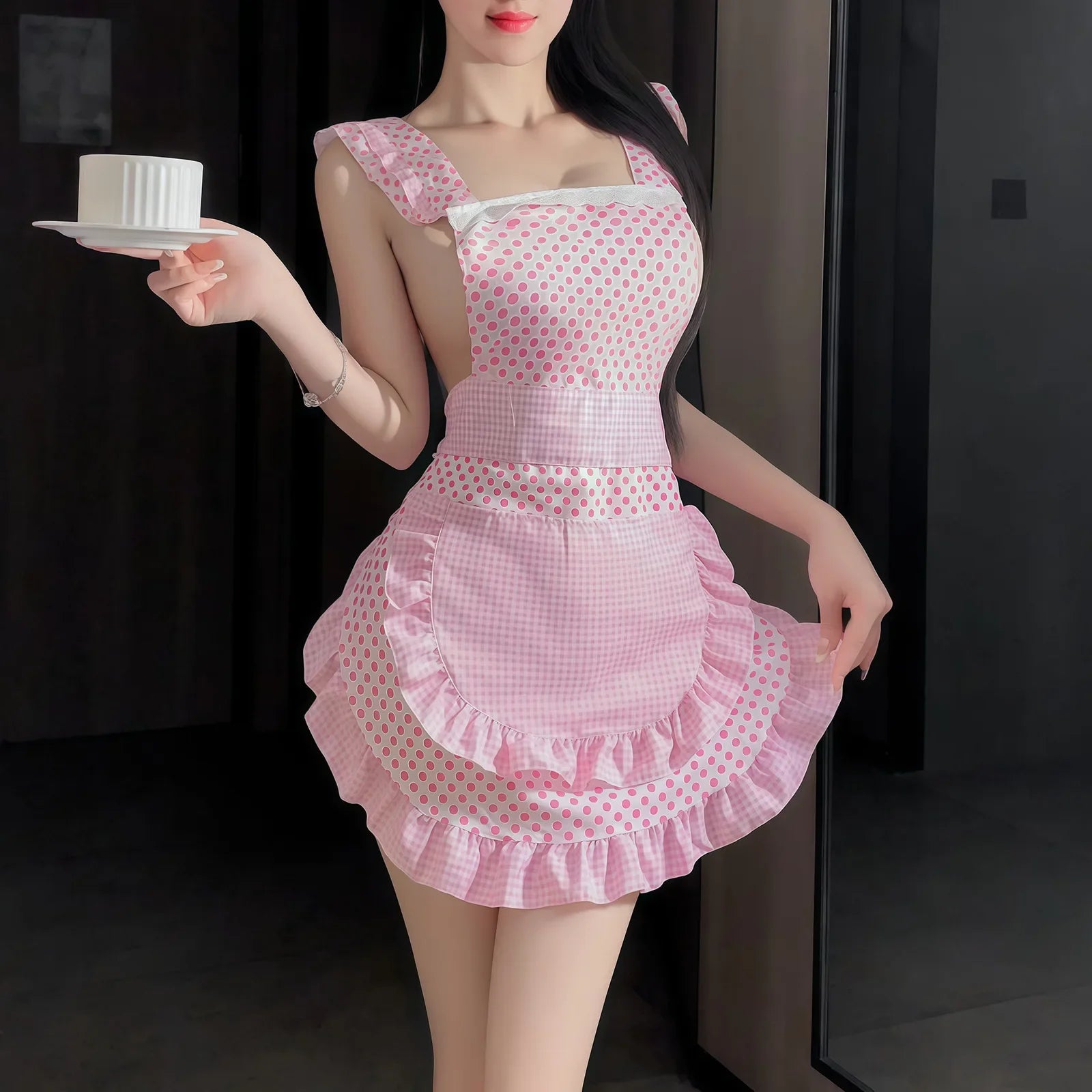 Cute Polka Dot Backless Lolita Maid Cosplay Temptation Backless Lingerie Skirt Costume Kawaii Ruffle Apron Women's