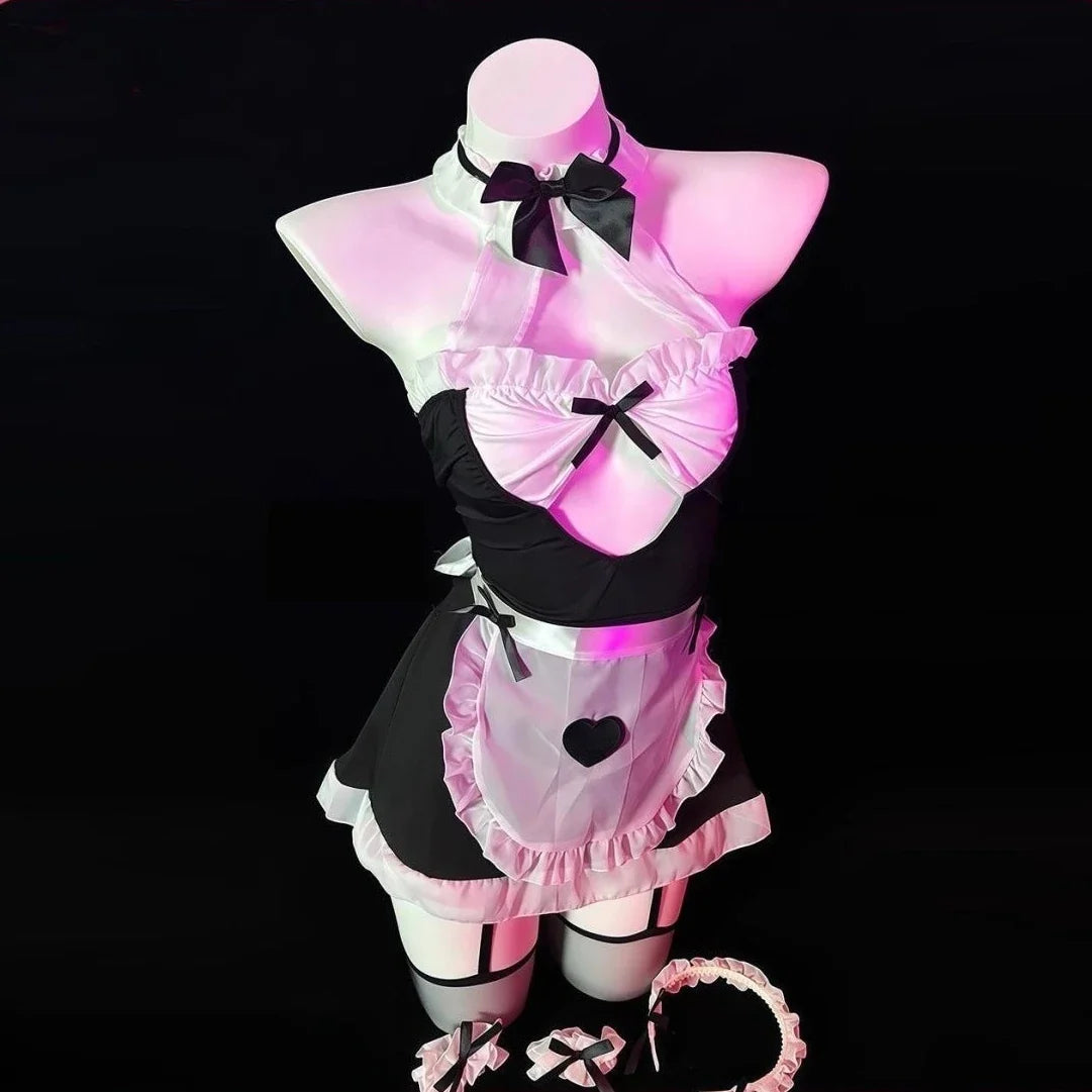 Bar Party Erotic Lace Mesh Maid Perspective Lingerie Cute Maid Apron Costume Porn Underwear Set