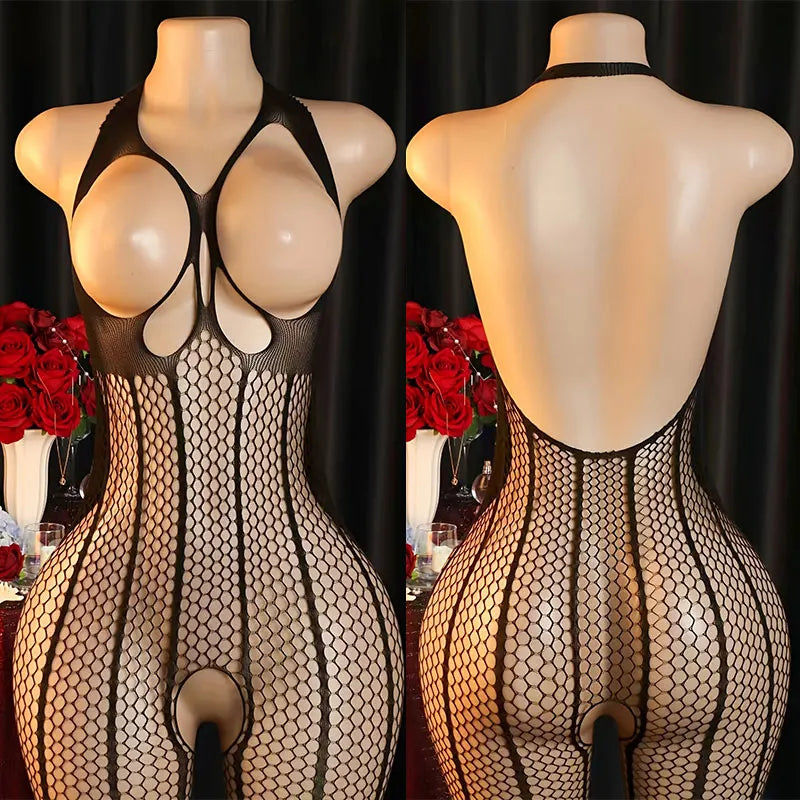 Mesh Bra Crotchless One-Piece Set