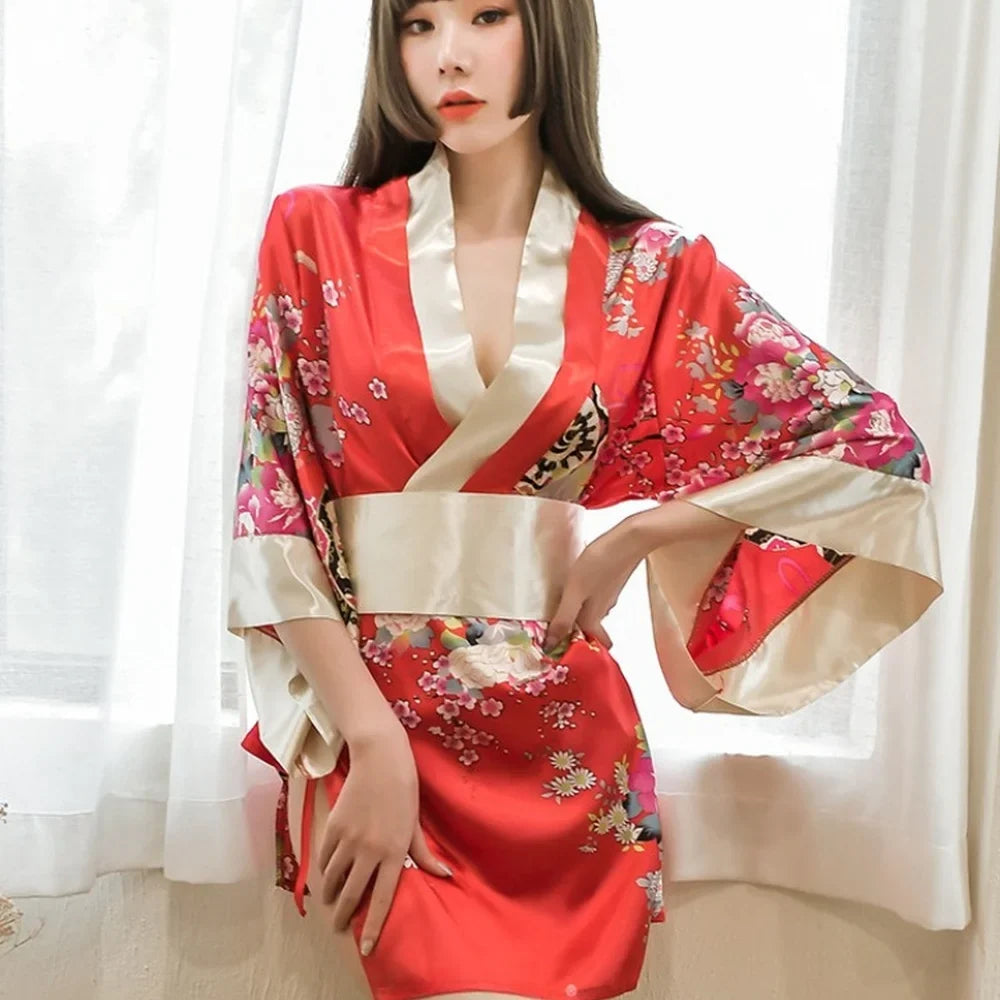 Floral Print Satin Kimono Robe Wide Sleeve Waist Cinched Short Robe