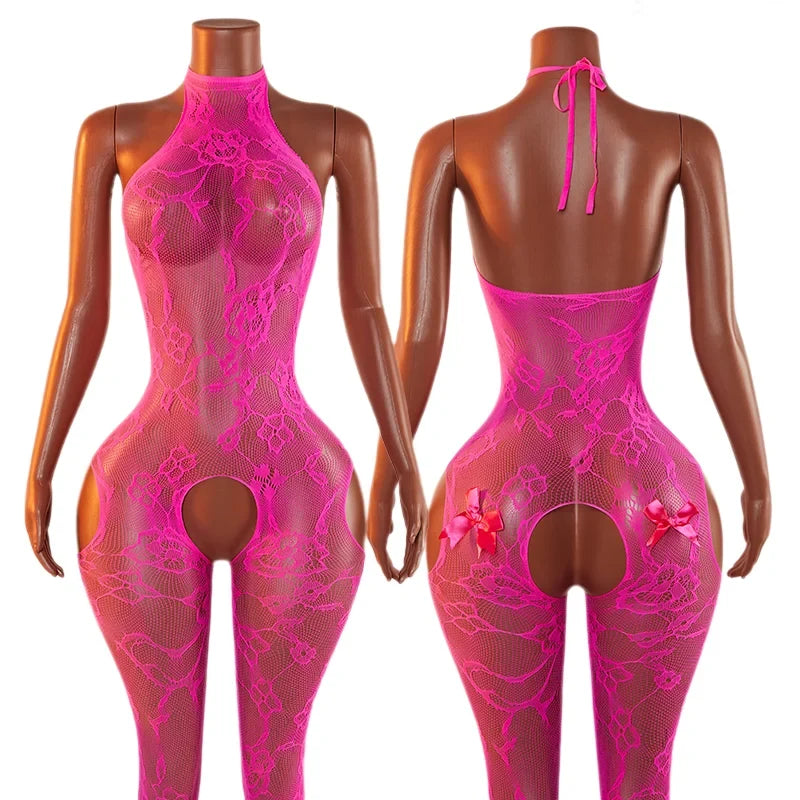 One-piece Rose Bow Hollow Out Crotchless Lace Bodysuit Semi Transparent Lingerie Plus Size Bodystocking Clothing
