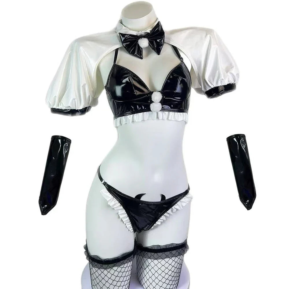 Bunny Cosplay Costume PU Leather Bra Devil Briefs Outfits Rabbit Maid Role Play Lingerie Halloween Costumes