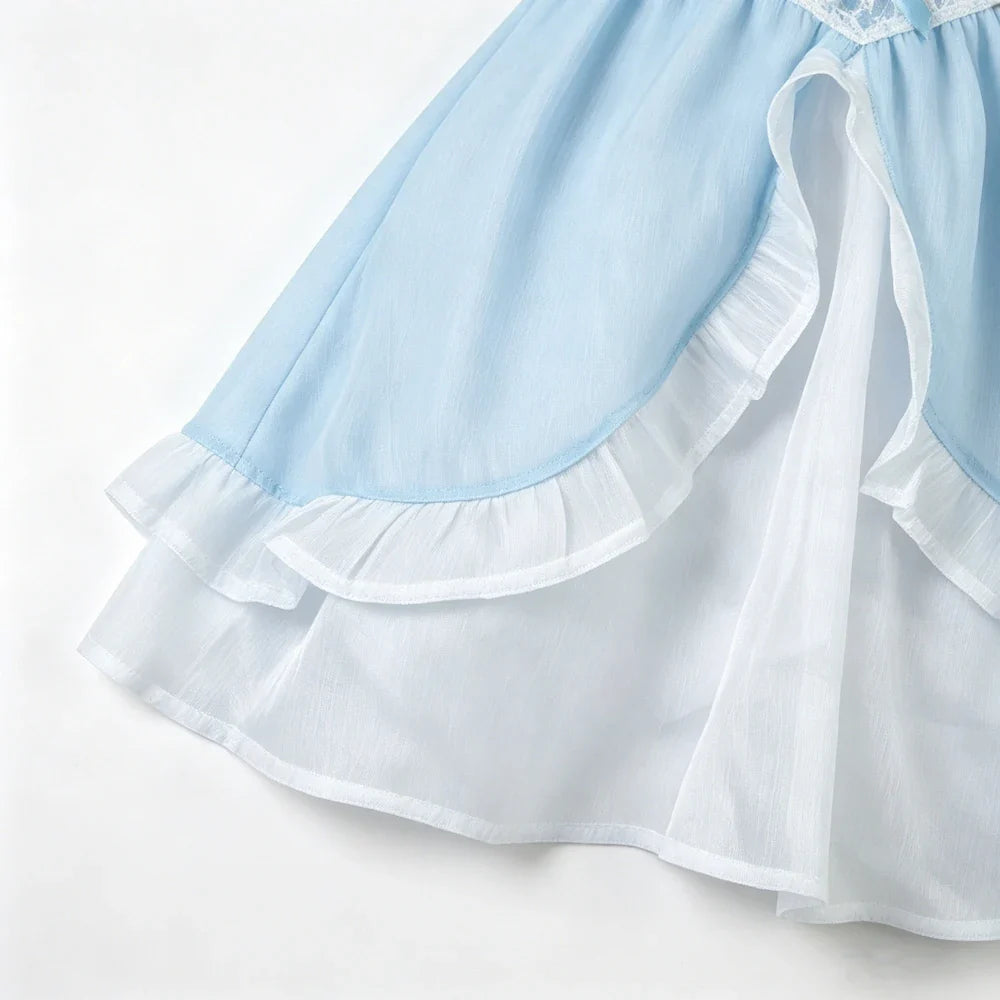 Light Blue Chiffon Princess Nightgown Sets Bow Decor Tiered Skirt Detachable Arm Cuffs Sweet Suspender Homewears