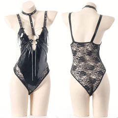Cosplay Costume Leather Lace Back Bodysuit Outfits Role Play Lingerie