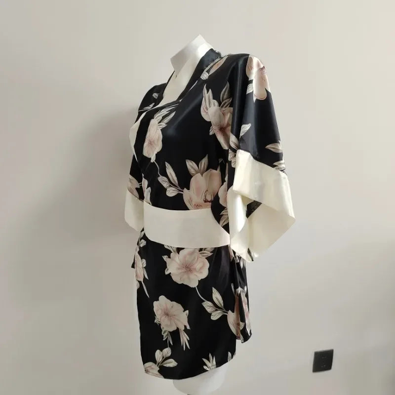 Janpanese Traditional Kimono Cosplay Costumes Maid Oufits Kawaii Black Flower Lingerie Pajamas Roleplay