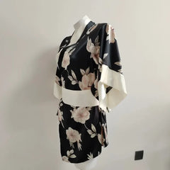 Janpanese Traditional Kimono Cosplay Costumes Maid Oufits Kawaii Black Flower Lingerie Pajamas Roleplay
